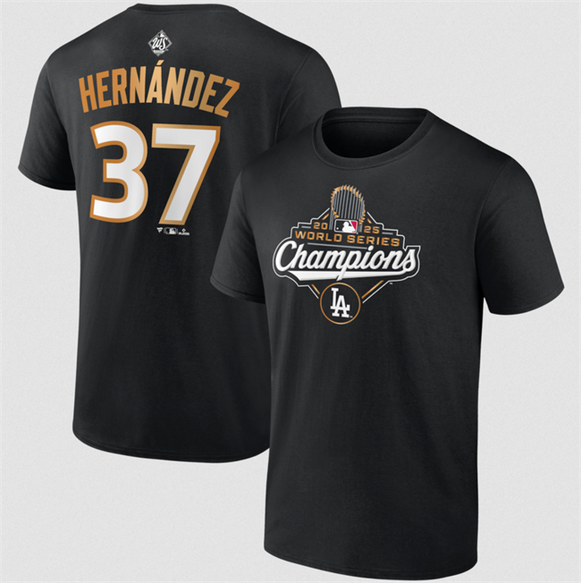 Men's Black Los Angeles Dodgers #37 Teoscar Hernández 2025 World Series Champions Name & Number T-Shirt